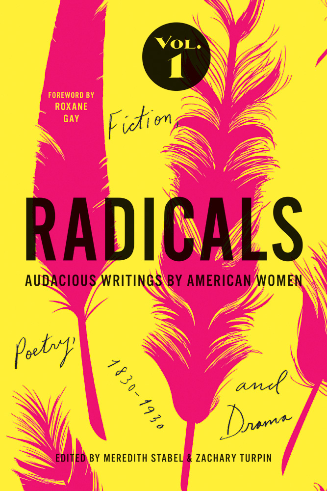 Radicals cover, hot pink feather images with bright yellow background