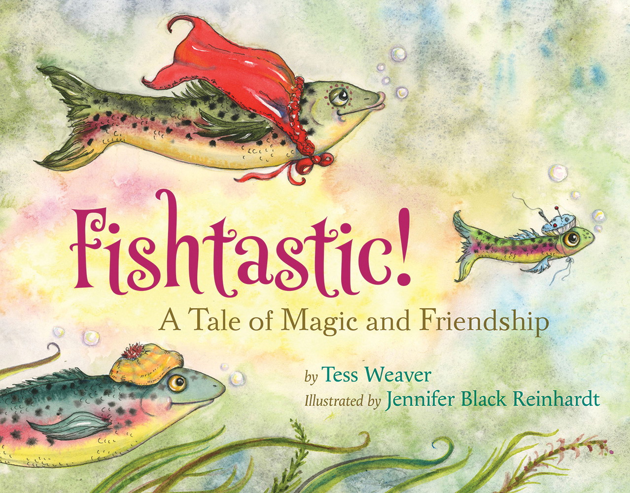 Fishtastic book cover: 3 trout swimming in costume, watercolor.