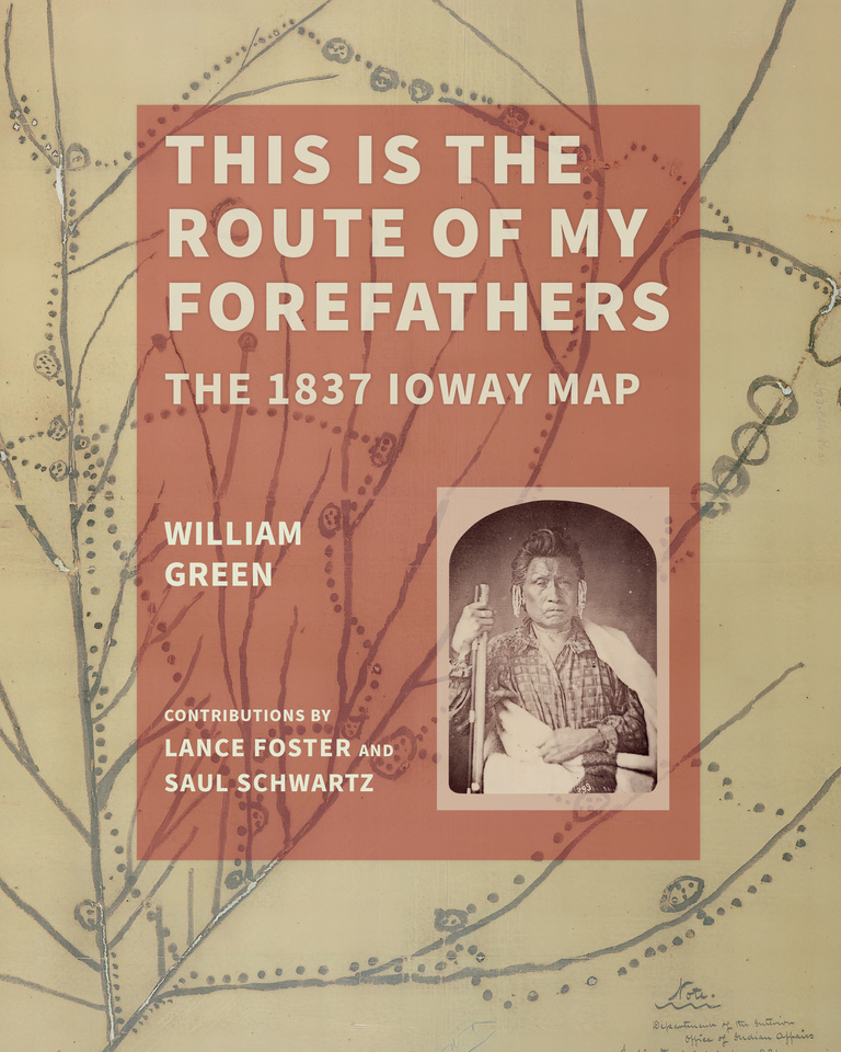 The book’s title accompanies an image of No Heart, an Ioway chief. Both items are contained within a red box overlaying the Ioway map.