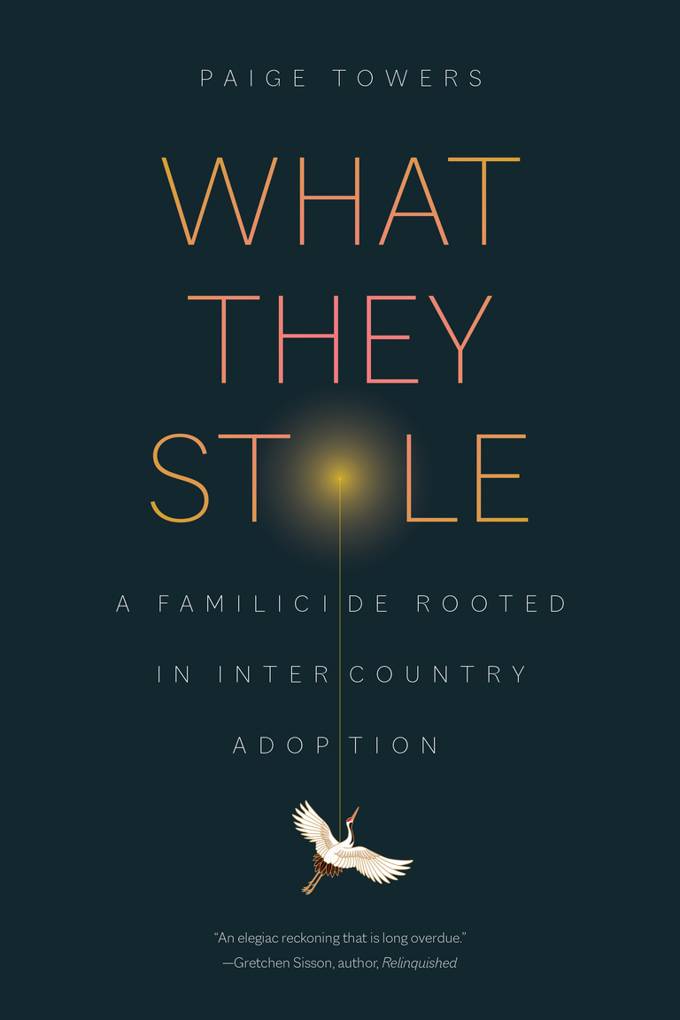 The book’s title, “What They Stole, is in thin orange lettering against a deep navy background. A stork dangles from a ray of light emitting from the O in "Stole." 