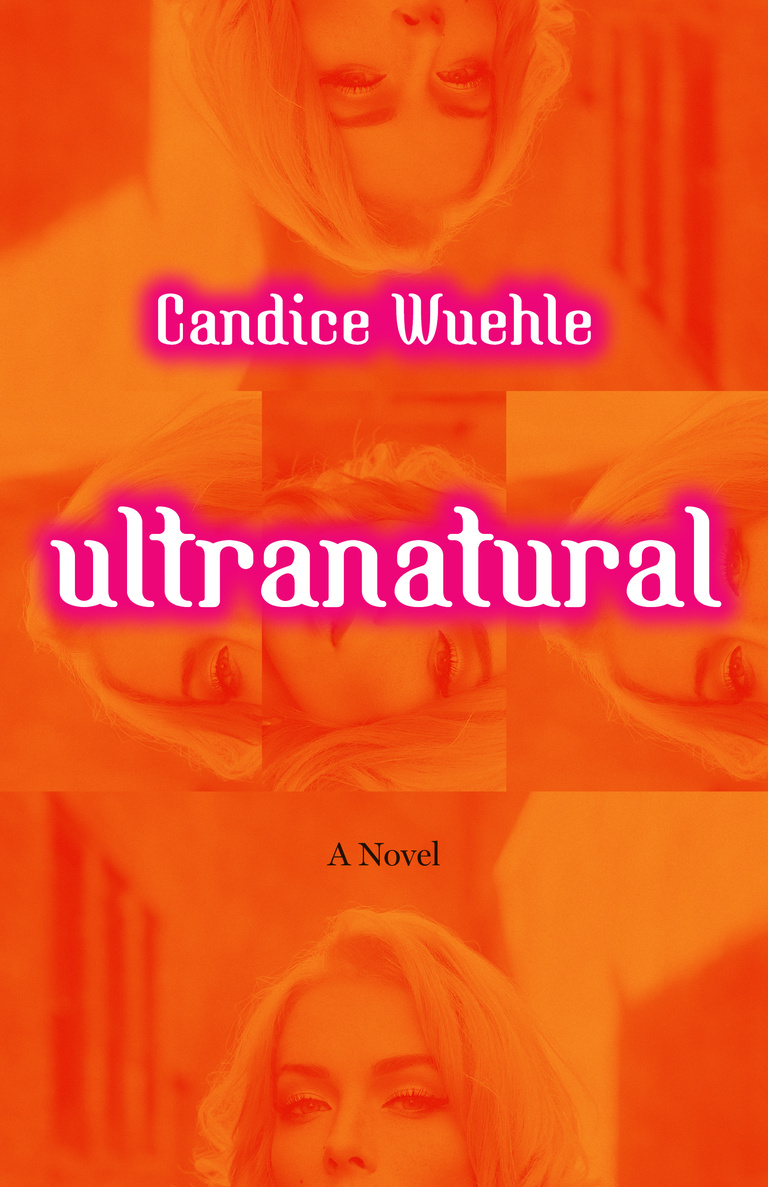 A person’s face is cropped in half and repeated in multiple orientations. Each image is a bright orange color. The title, “Ultranatural,” pops in neon pink.