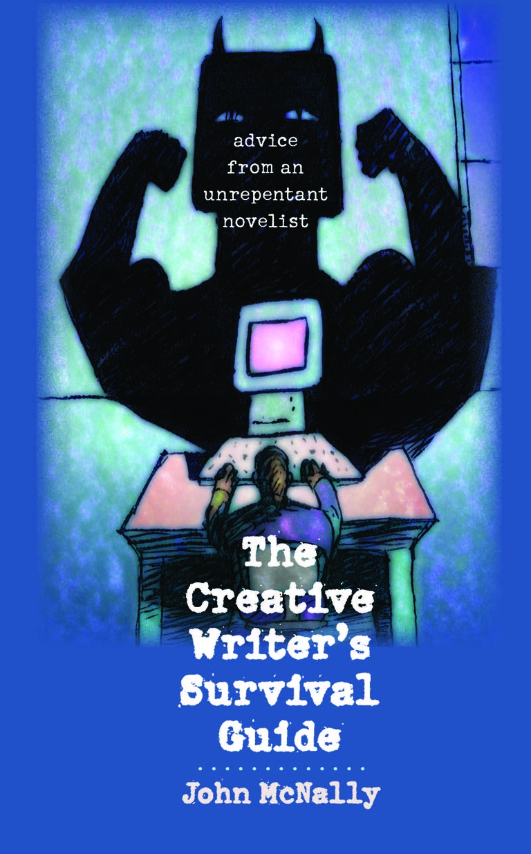 Creative Writer's Survival Guide cover: blue background with sketch of writer at computer and superhero shadow.