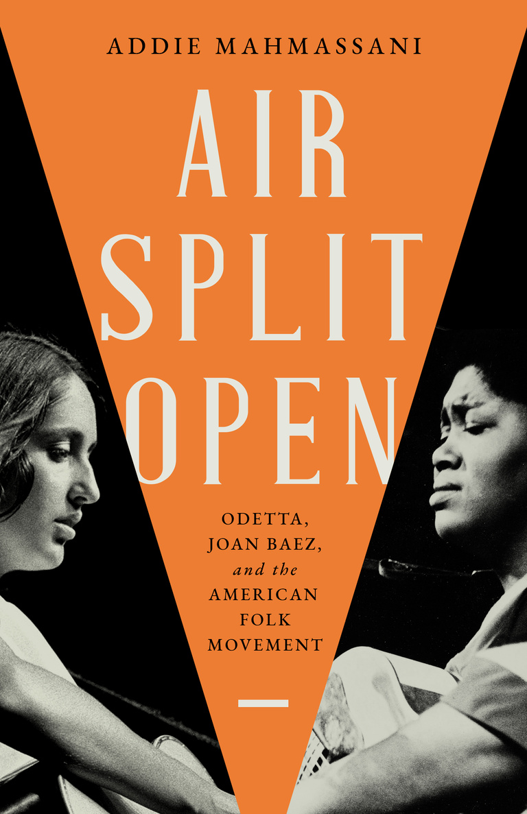 Two people playing guitars face each other. An orange triangle containing the title separates them.