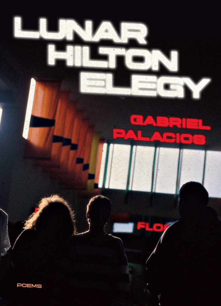The title “Lunar Hilton Elegy” glows in a futuristic font. Silhouettes of people’s heads look toward a skylight.