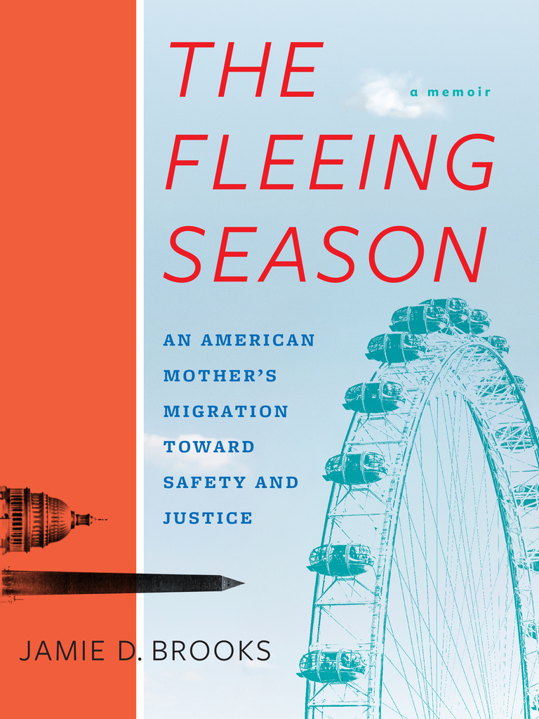 The Washington Memorial obelisk tilts to its side and points toward the London Eye. The book’s title, “The Fleeing Season” fills the sky.