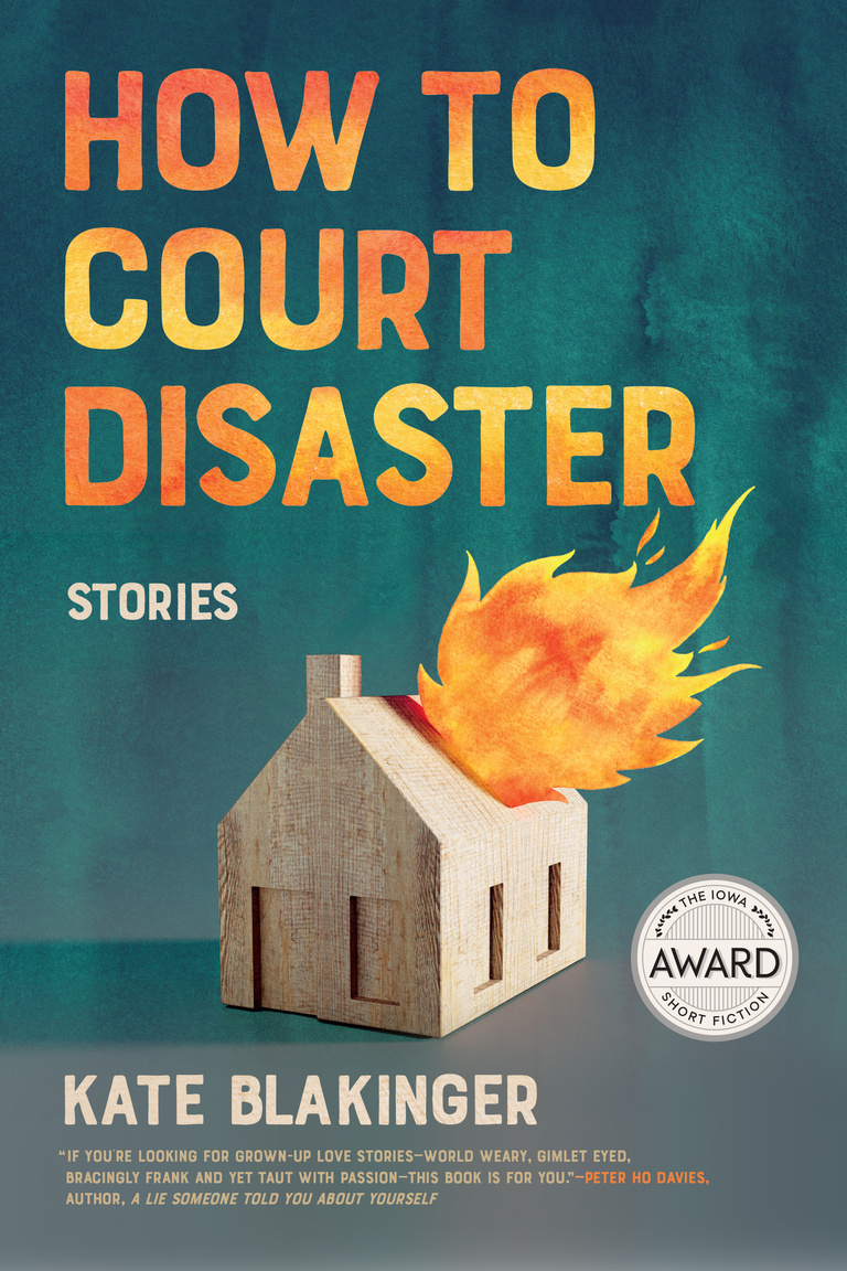 A wood house burns with watercolor-like fire. The title and author name surround the image, bright orange against a dark blue background.
